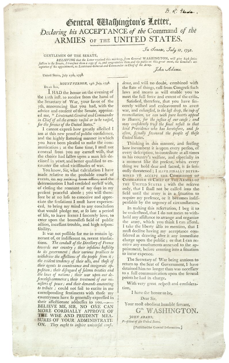 Brief van generaal Washington waarin hij zijn aanvaarding van het commando verklaart, 18 juli 1798 door George Washington