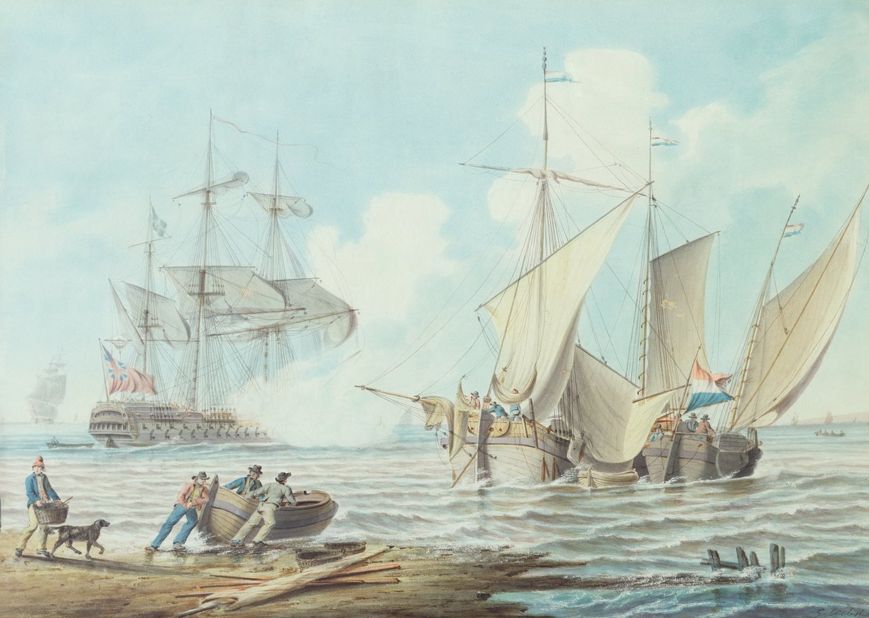 Nederlandse pinken en een Britse oorlogsschip voor een kustlijn door George Webster