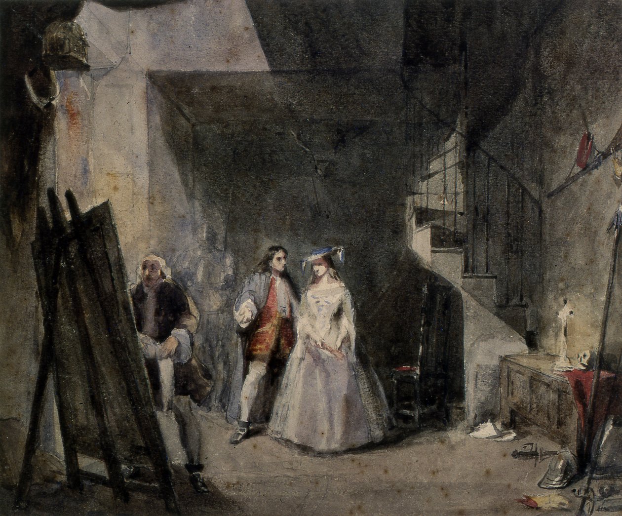 Interieur van een kunstenaarsatelier met figuren in 18e-eeuwse kostuums door George attr. to Cattermole