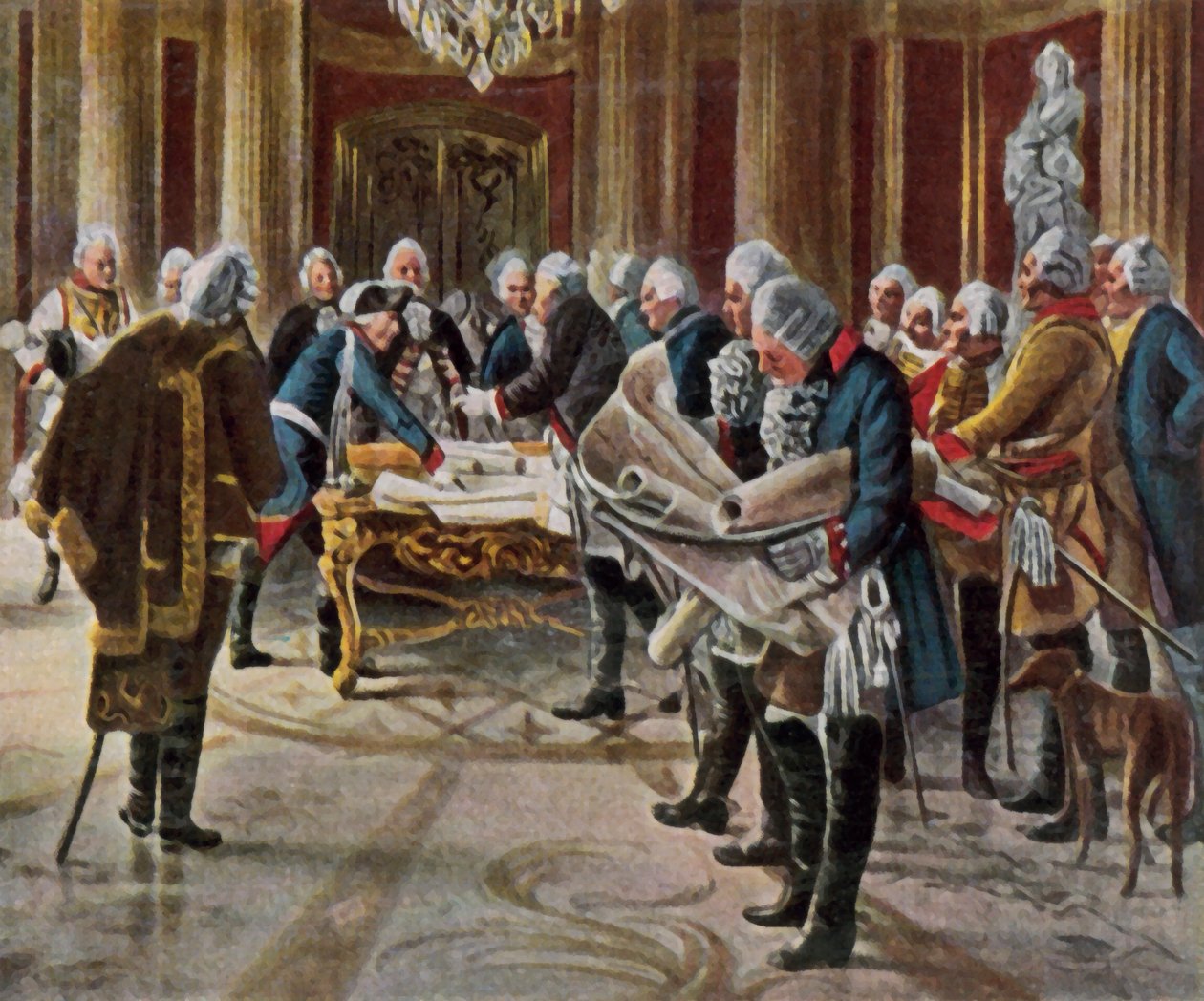 Frederik de Grote houdt een krijgsraad met zijn generaals, augustus 1756 (kleurenlitho) door George (after) Schobel