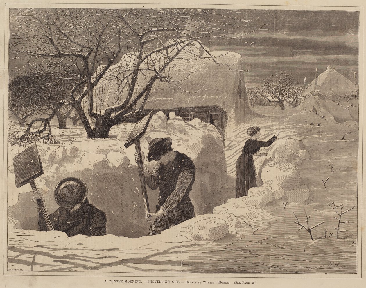 Een winterochtend, sneeuwruimen, gepubliceerd 1871 door George A. Avery