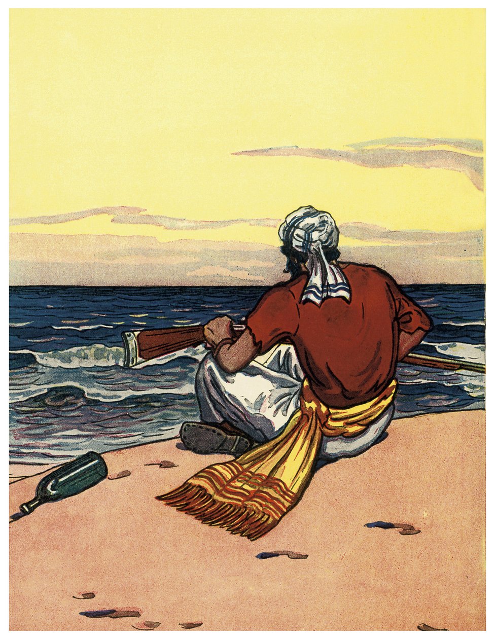 Een piraat achtergelaten op een verlaten eiland kijkt naar de horizon Illustratie uit 