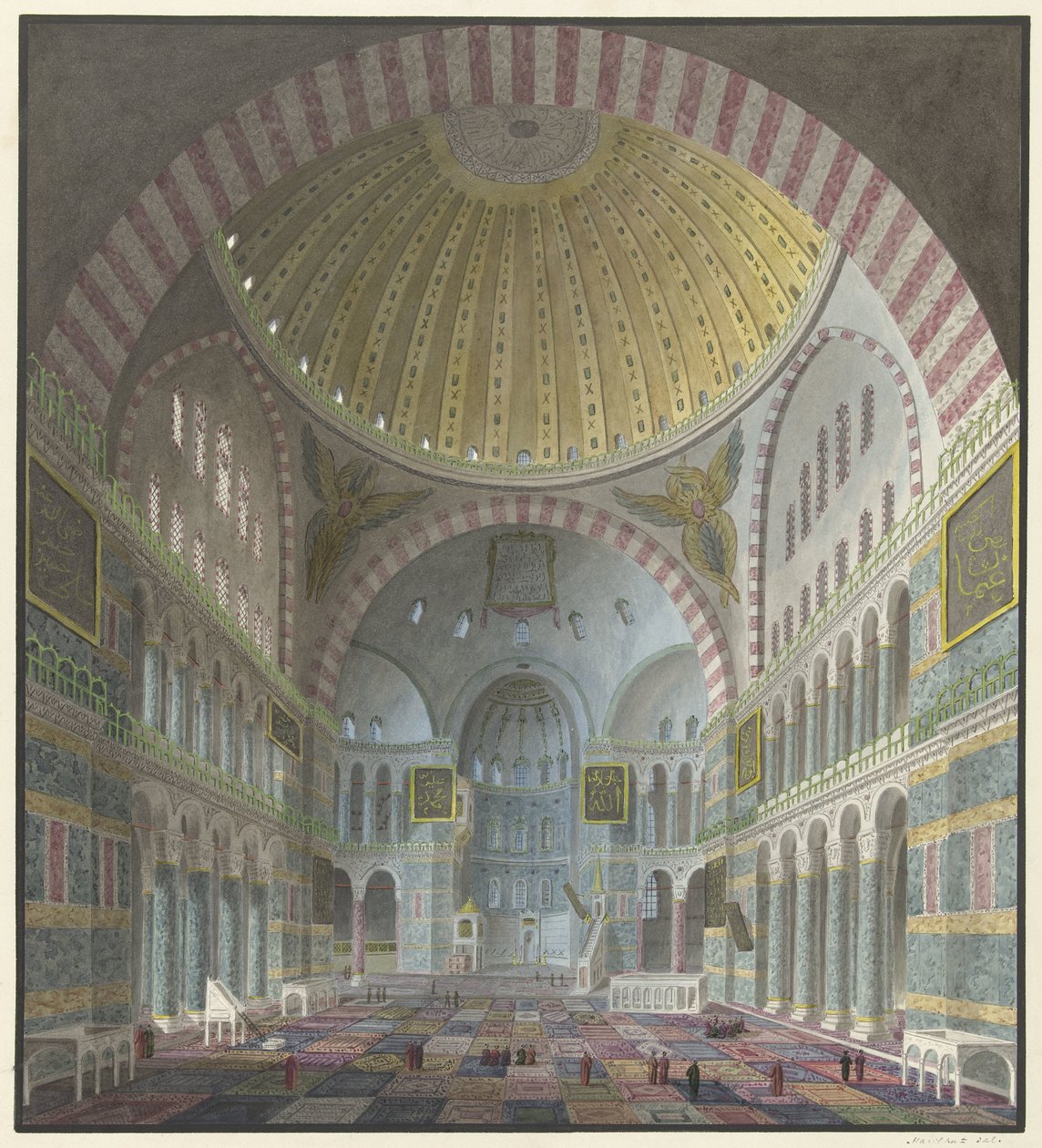 Interieur van de Aya Sophia met geknielde en staande Turken door George Antoine Prosper Marilhat