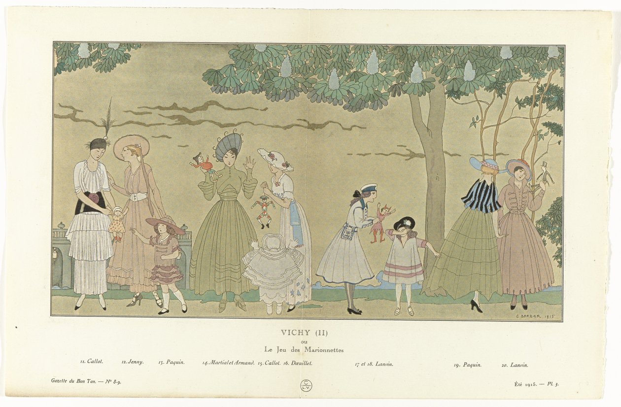 Gazette du Bon Ton, Zomer 1915 - No. 8-9, Pl. 3: Vichy (II) / of / Het Spel van de Marionetten door George Barbier