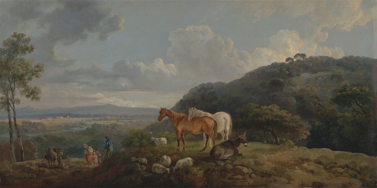 Ochtend: Landschap met merries en schapen door George Barret