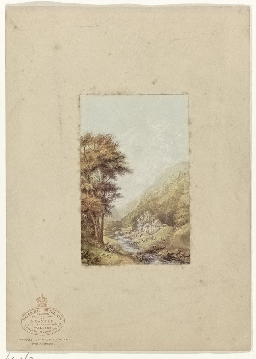 Heuvelachtig landschap met beekje door George Baxter