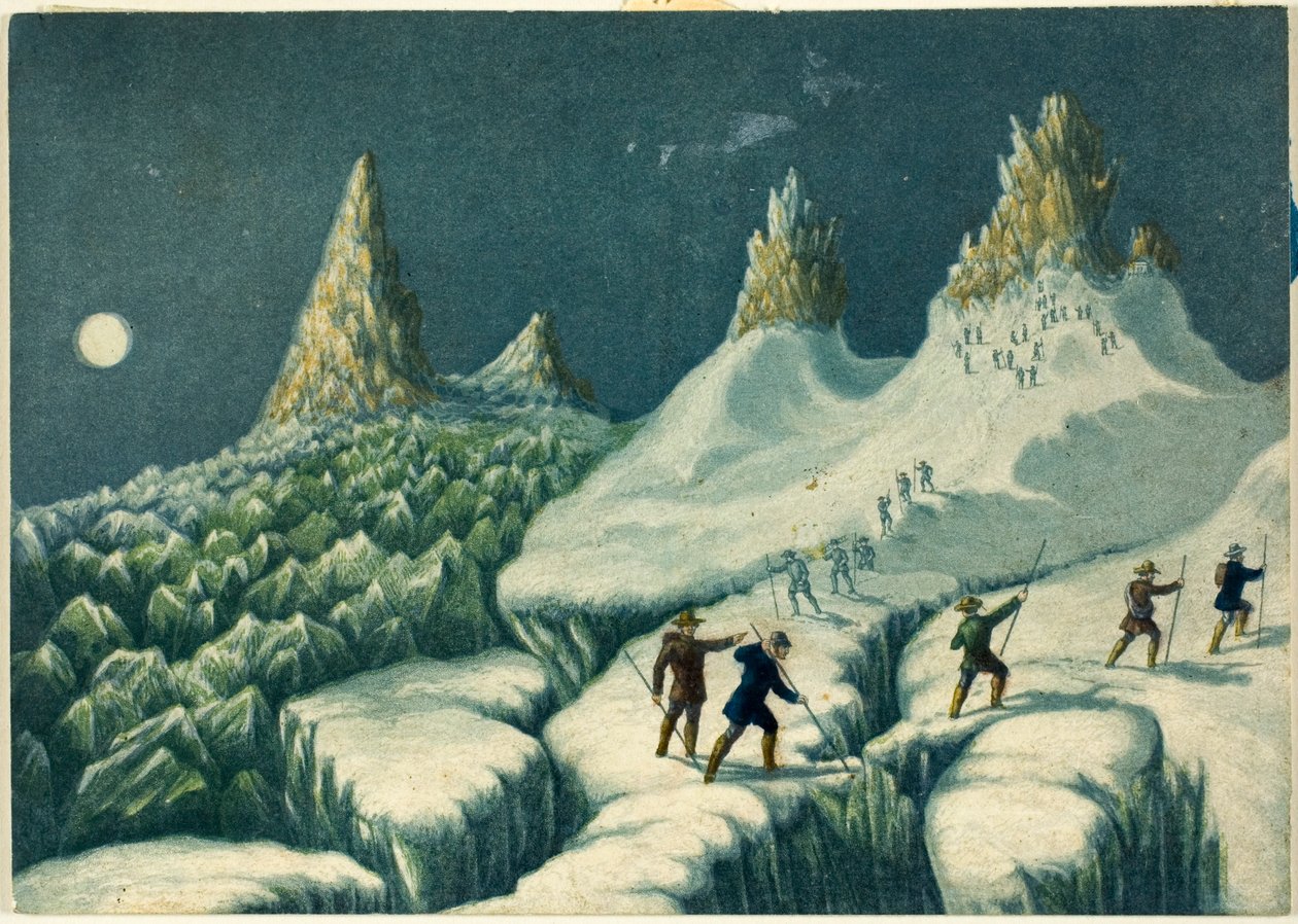 Vertrek van de Grands Mulets, uit "Beklimming van de Mont Blanc" door George Baxter