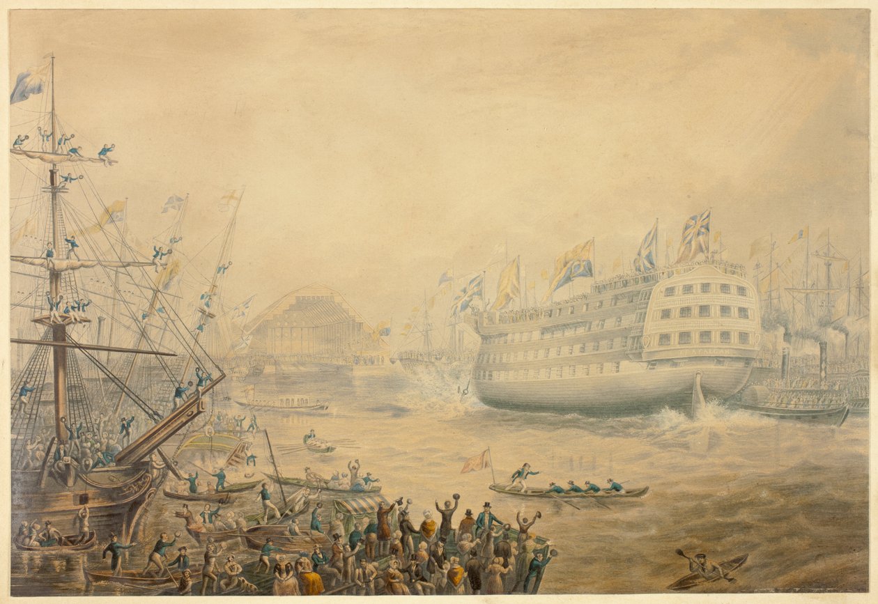 De tewaterlating van de Trafalgar door George Baxter