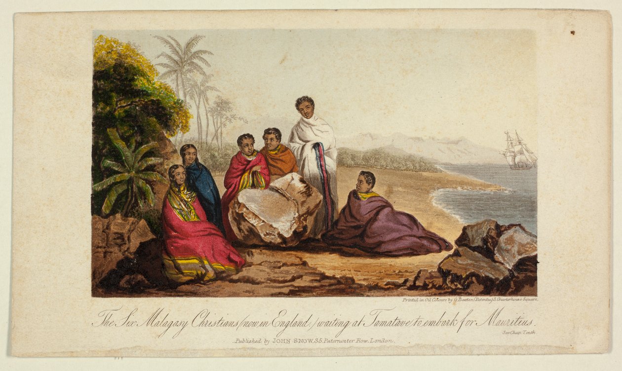 De zes Malagassische christenen (nu in Engeland) die in Tamatave wachten om naar Mauritius in te schepen door George Baxter