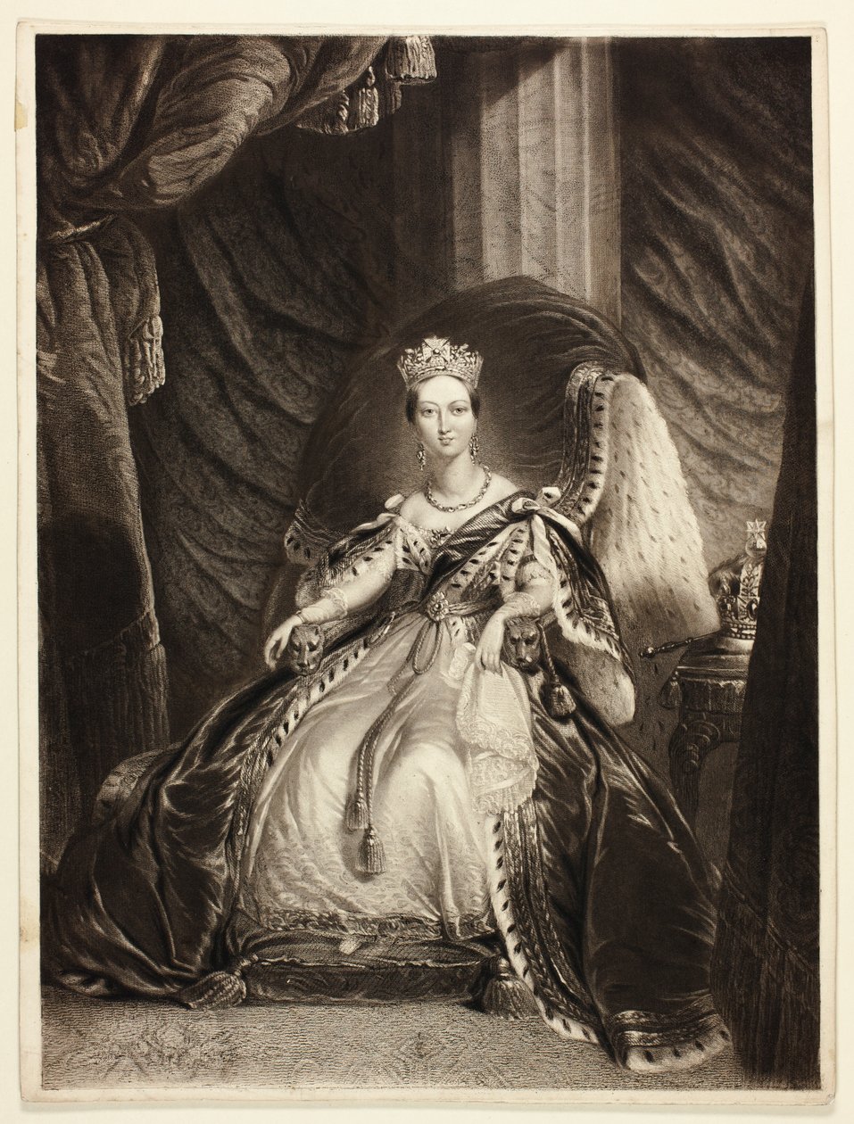 Victoria, koningin van Groot-Brittannië, India, enz., ook wel „De Grote Koningin” genoemd door George Baxter
