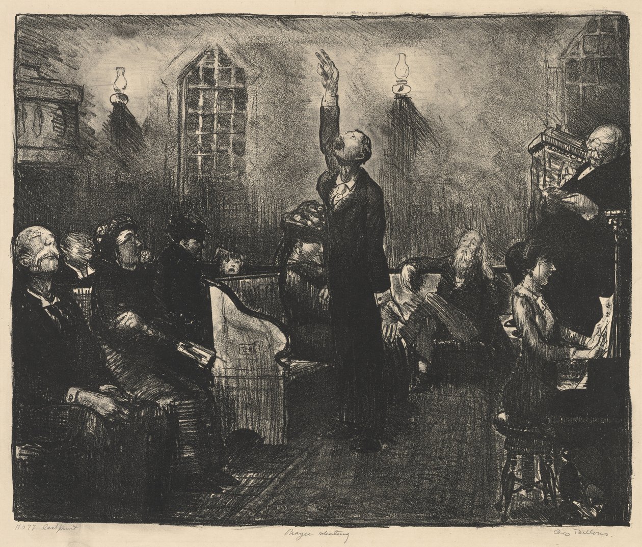 Gebedsbijeenkomst, Eerste Steen door George Bellows