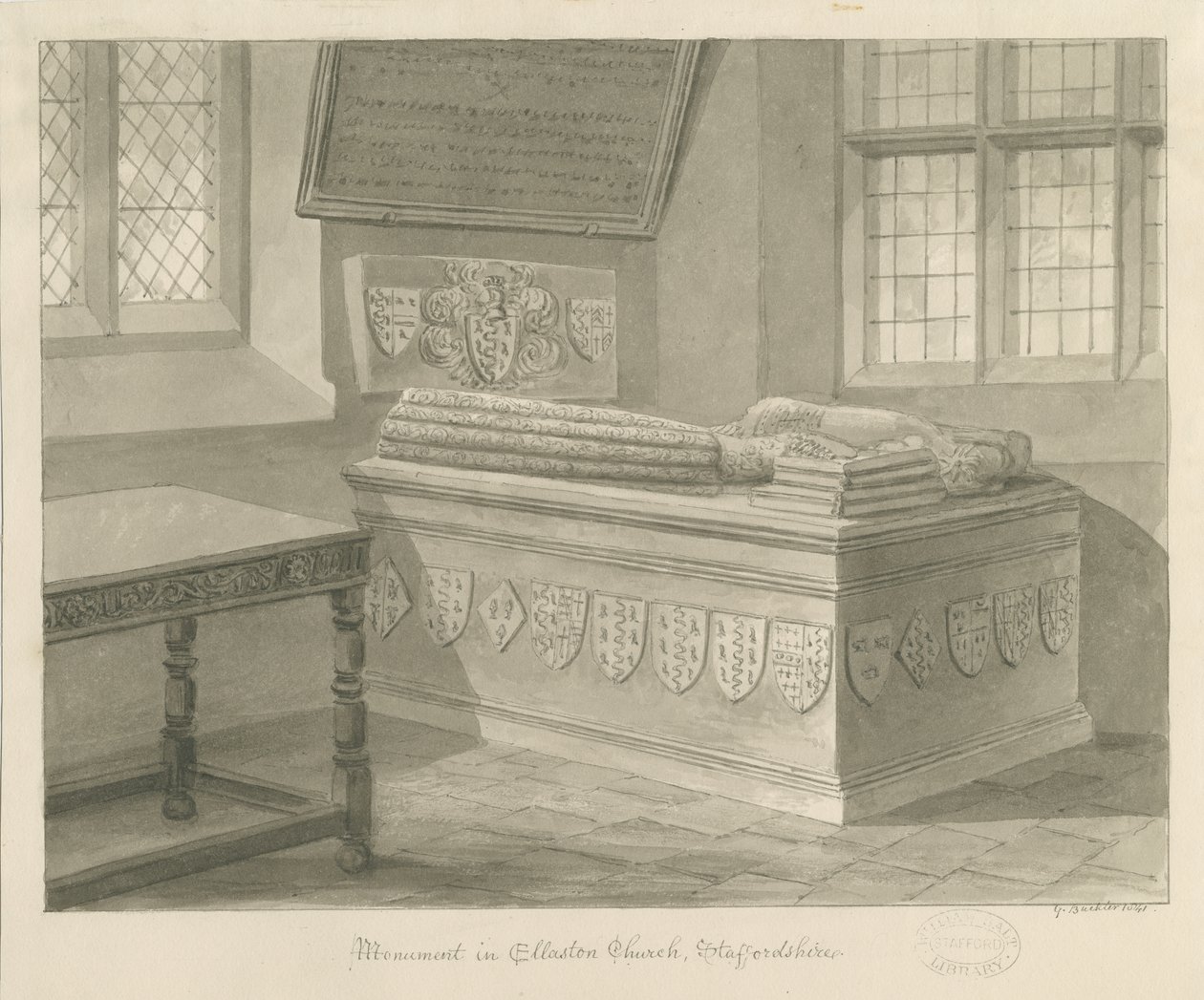 Ellastone Kerk - Monument voor Sir John Fleetwood: sepia tekening door George Buckler