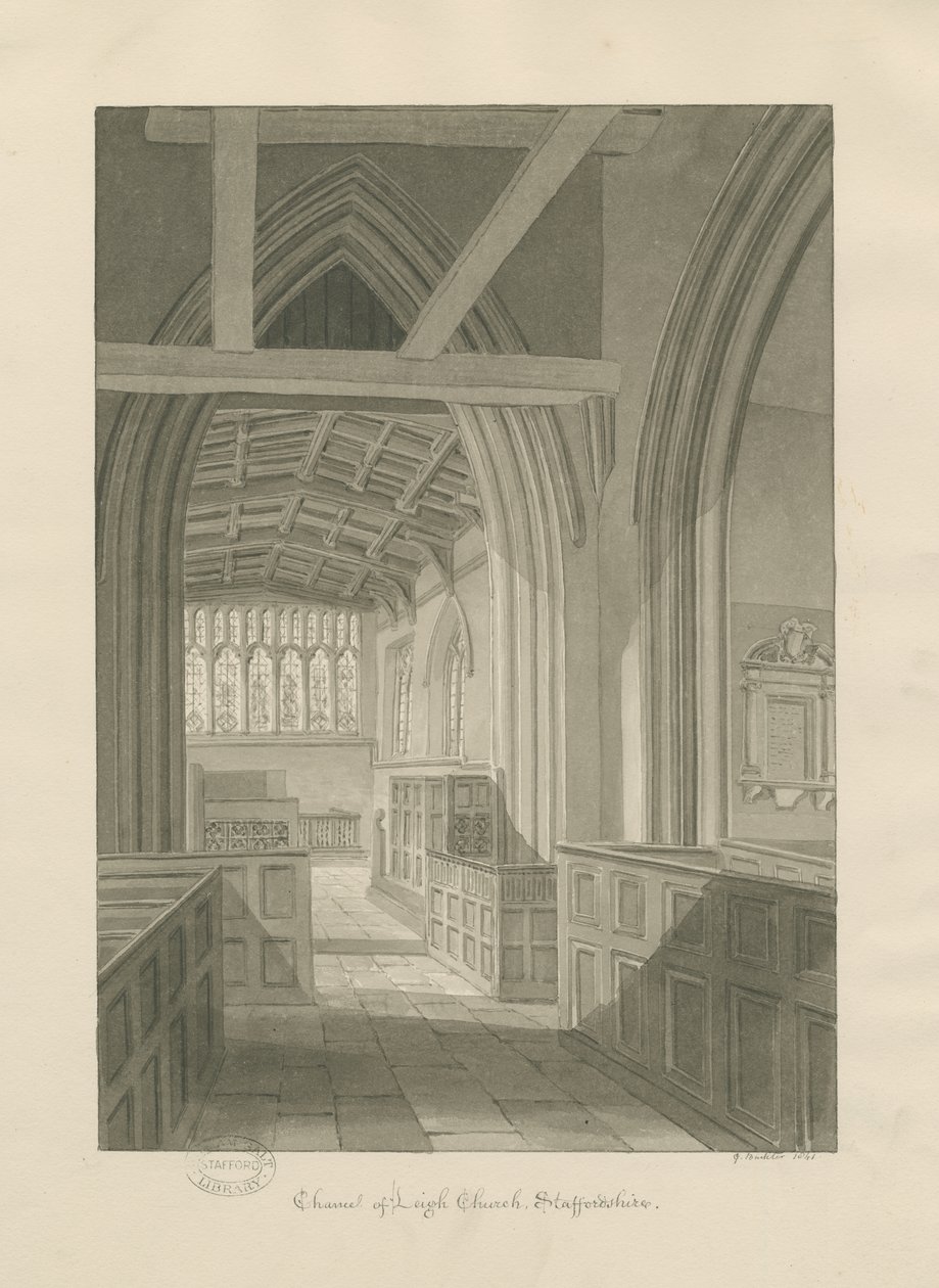 Interieur van Leigh Kerk: sepia tekening door George Buckler
