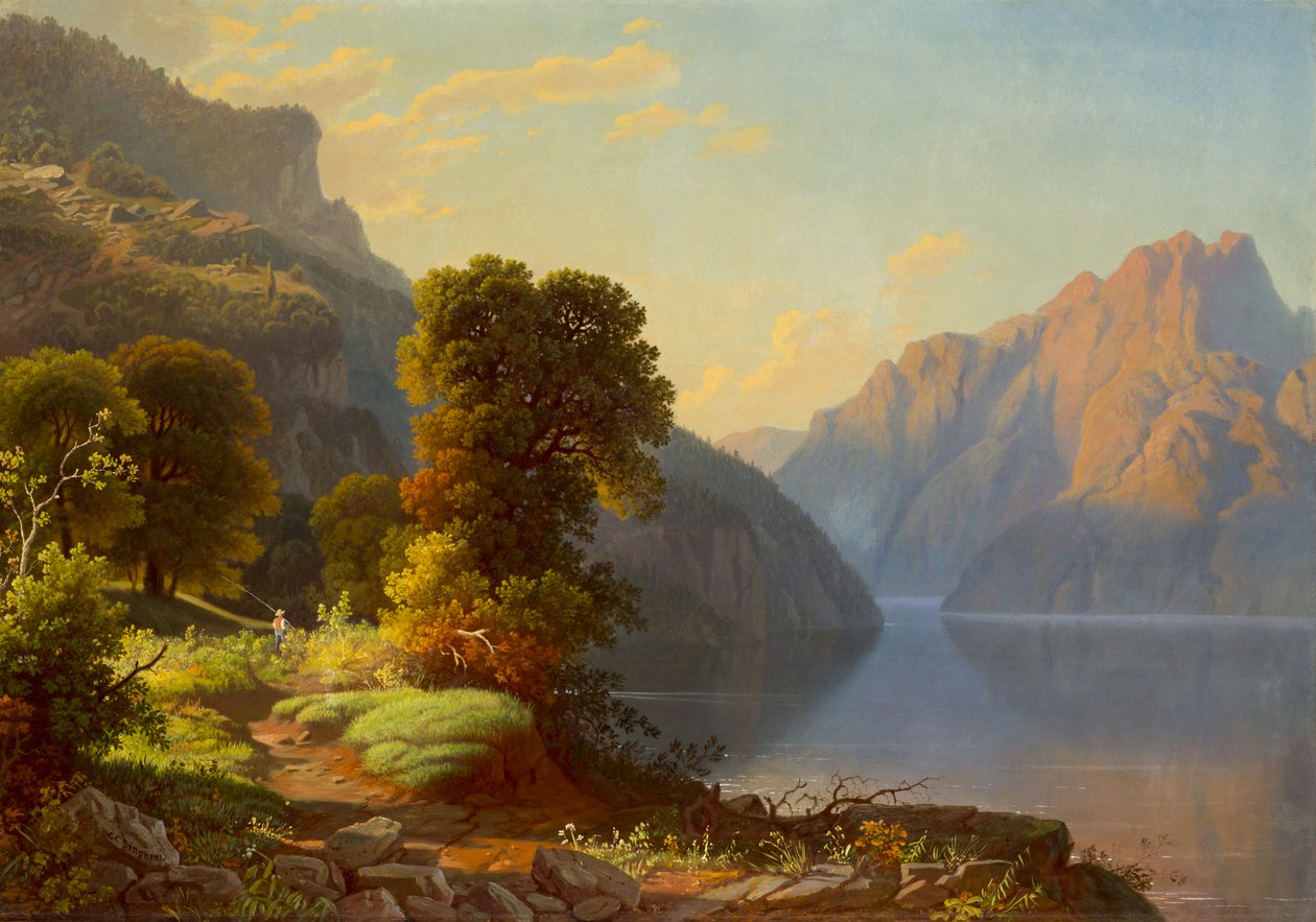 Gezicht op een meer in de bergen door George Caleb Bingham