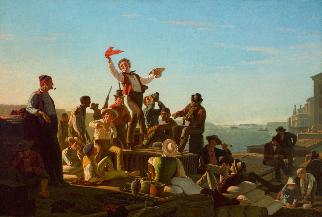 Vrolijke platbodemers in de haven door George Caleb Bingham