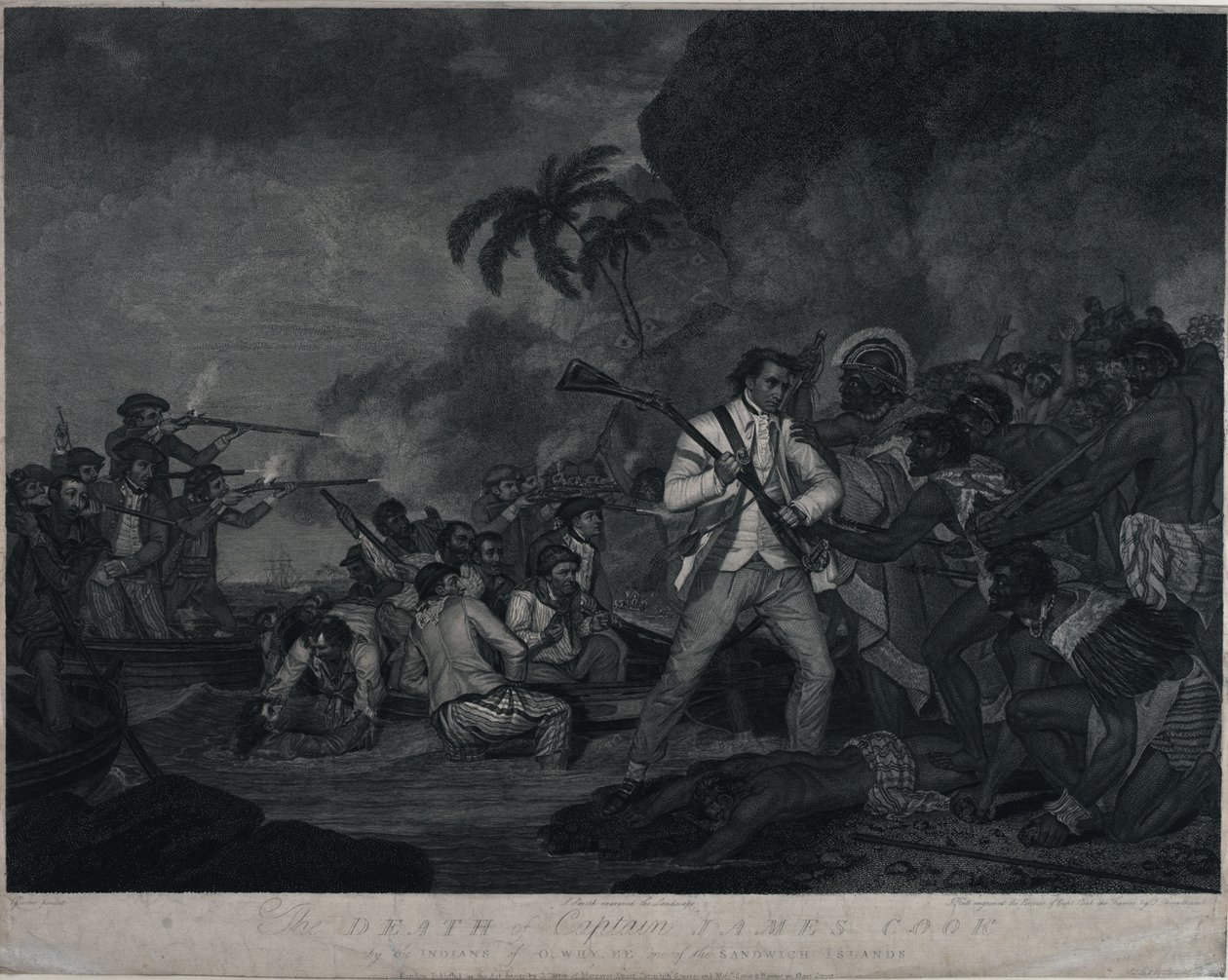 De dood van kapitein James Cook door de Indianen van Owhyee, een van de Sandwich-eilanden door George Carter