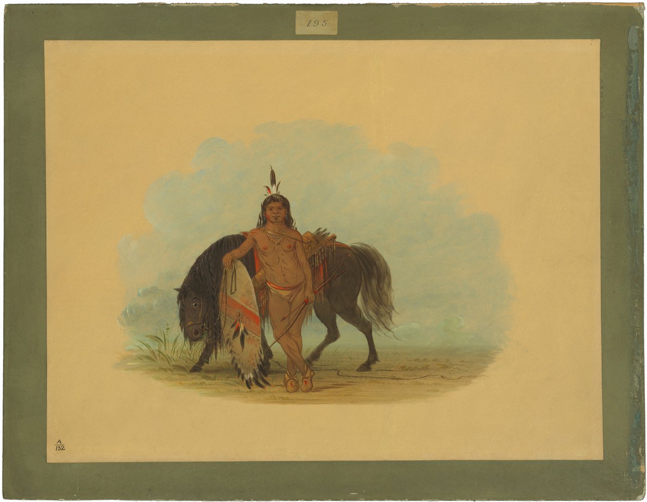 Een Cheyenne-krijger die zijn paard laat rusten door George Catlin