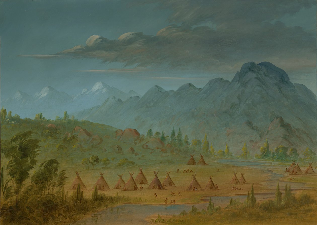 Een kraaien dorp en de Salmon River Mountains, 1855-1869 door George Catlin