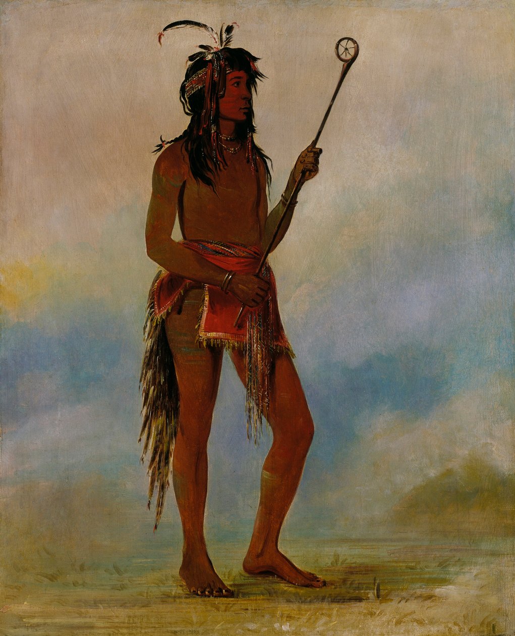 Ah-nó-je-nahge, Hij die aan beide zijden staat, een onderscheiden balspeler door George Catlin