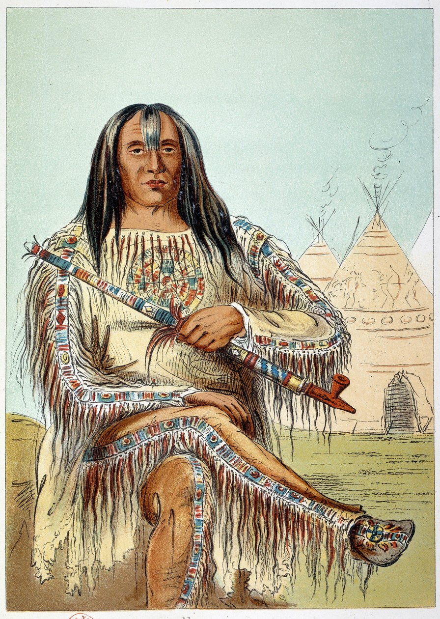 Amerikaanse Indianen: Portret van een leider van de Blackfoot-stam (Blackfeet) ongeveer 50 jaar oud. Illustratie door George Catlin door George Catlin