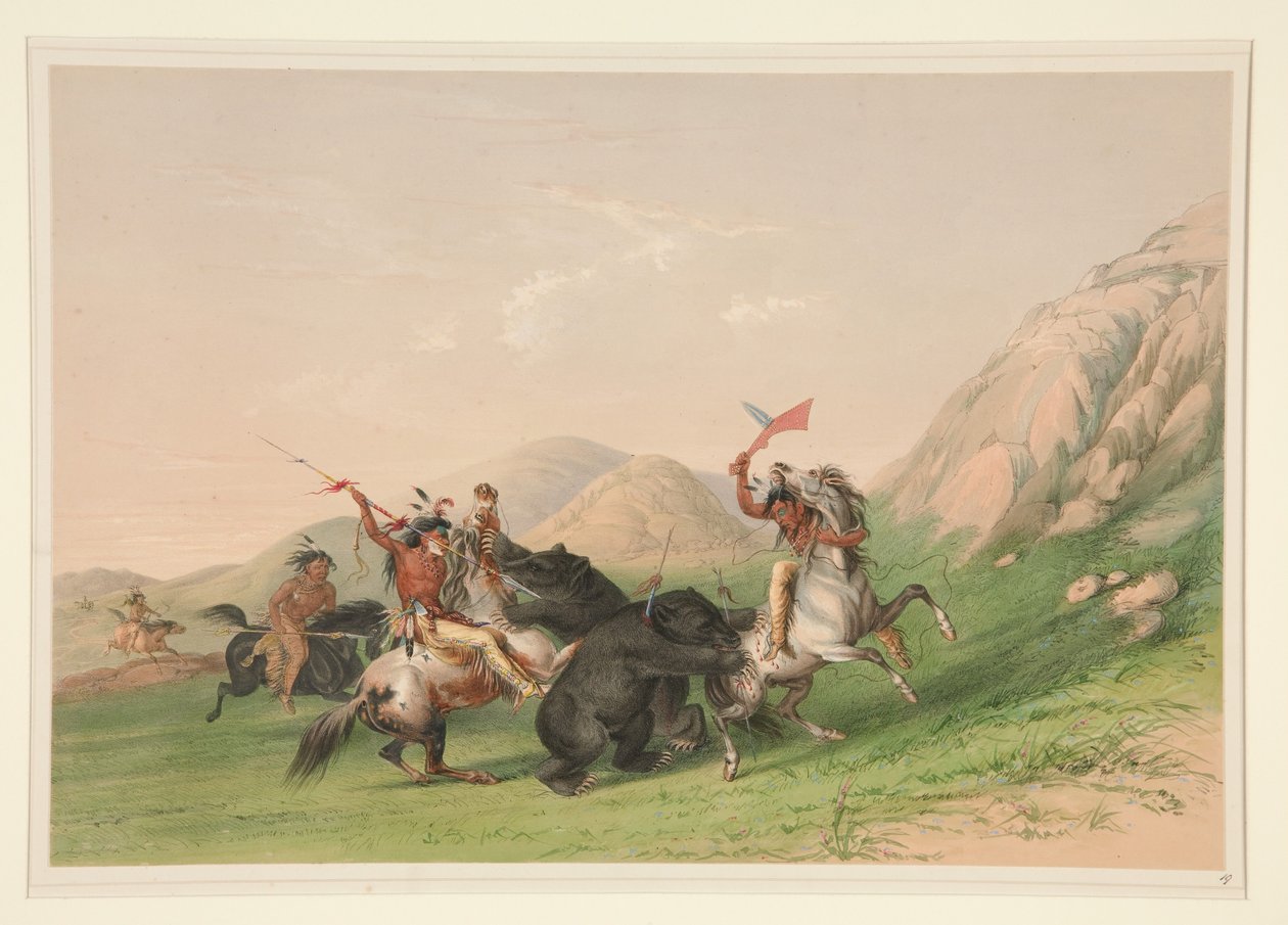 De aanval op de grizzlybeer, plaat 19 uit de „North American Indian Portfolio” door George Catlin