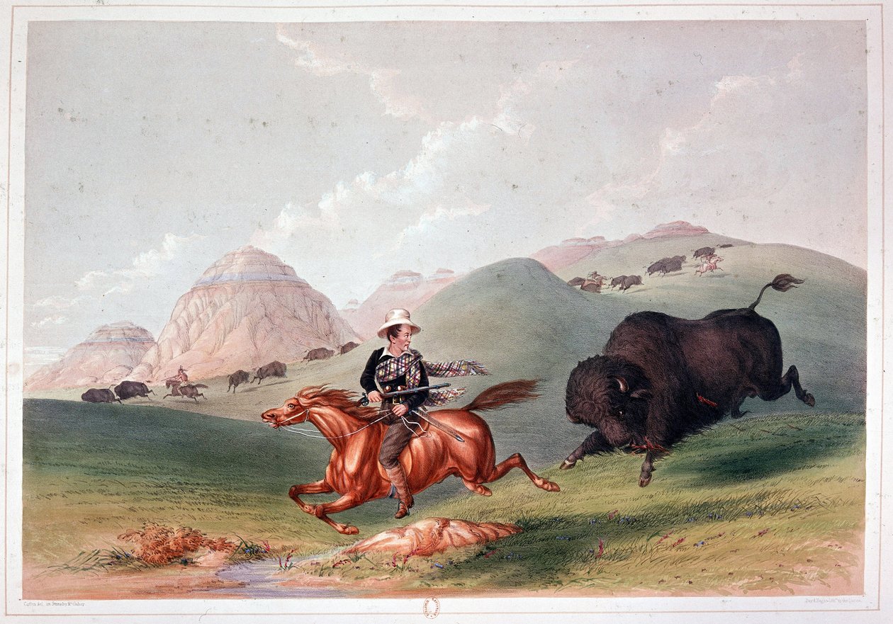 Bizonjacht in Noord-Amerika - lithografie door Georges Catlin door George Catlin