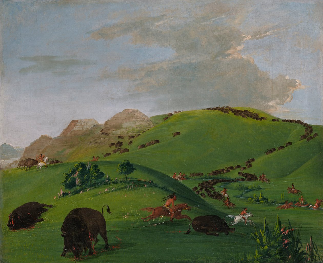 Buffalo Chase, monding van de Yellowstone door George Catlin