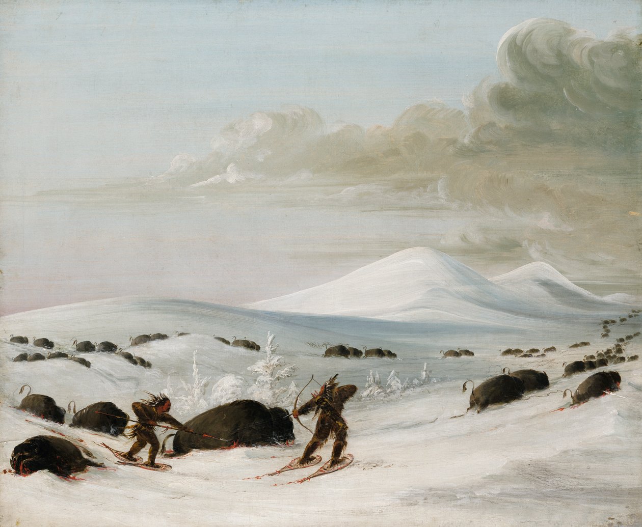 Buffeljacht in sneeuwdriften, indianen achtervolgend op sneeuwschoenen door George Catlin