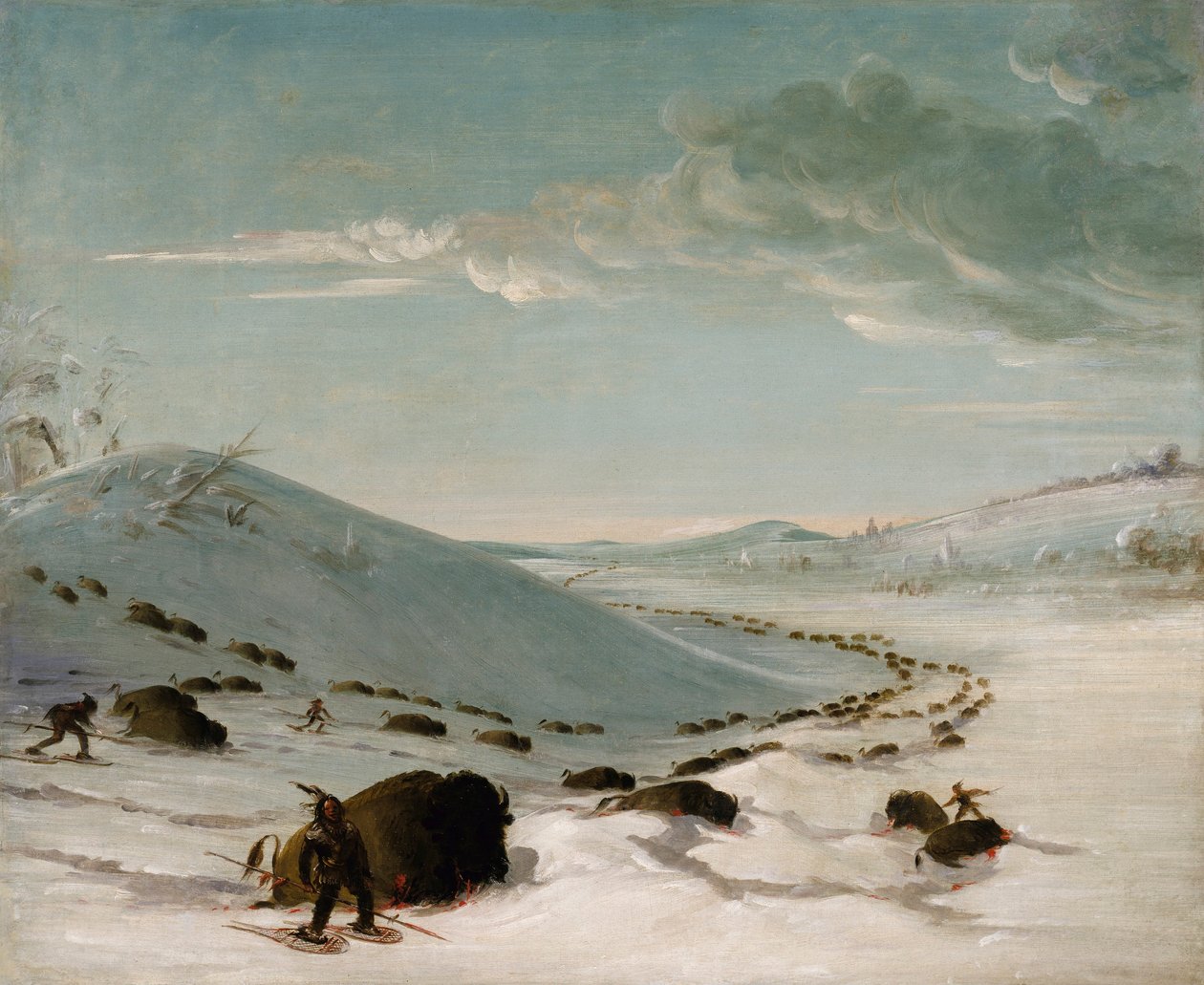 Buffalo Chase in de winter, Indianen op sneeuwschoenen door George Catlin