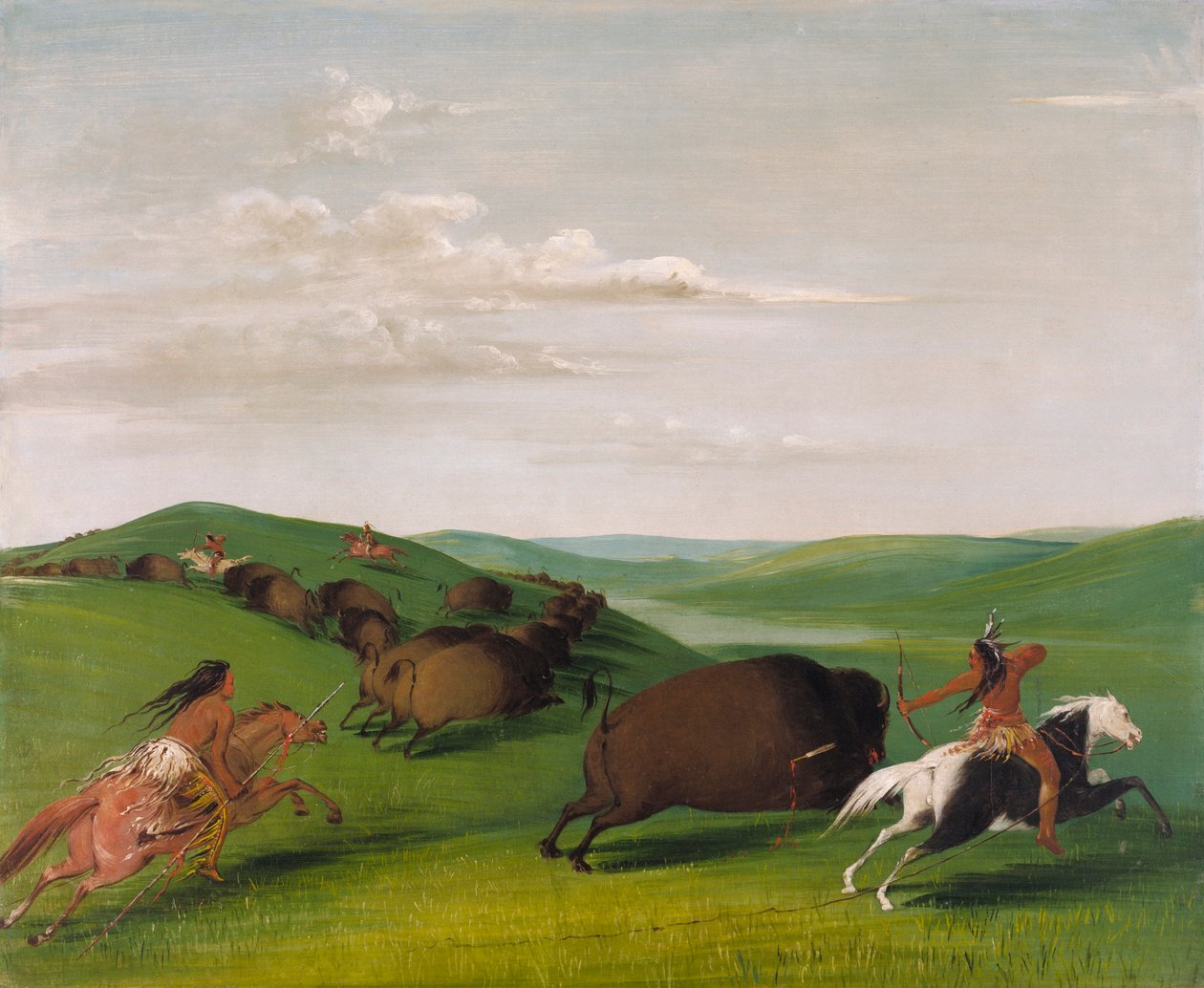 Buffeljacht met bogen en lansen door George Catlin