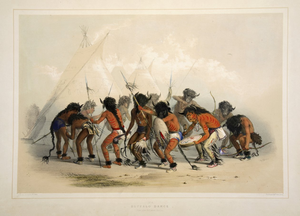 Buffeldans, uit Catlins North American Indian Portfolio. Hunting Scenes and Amusements of the Rocky Mountains and Prairies of America, pub. 1845 door George Catlin