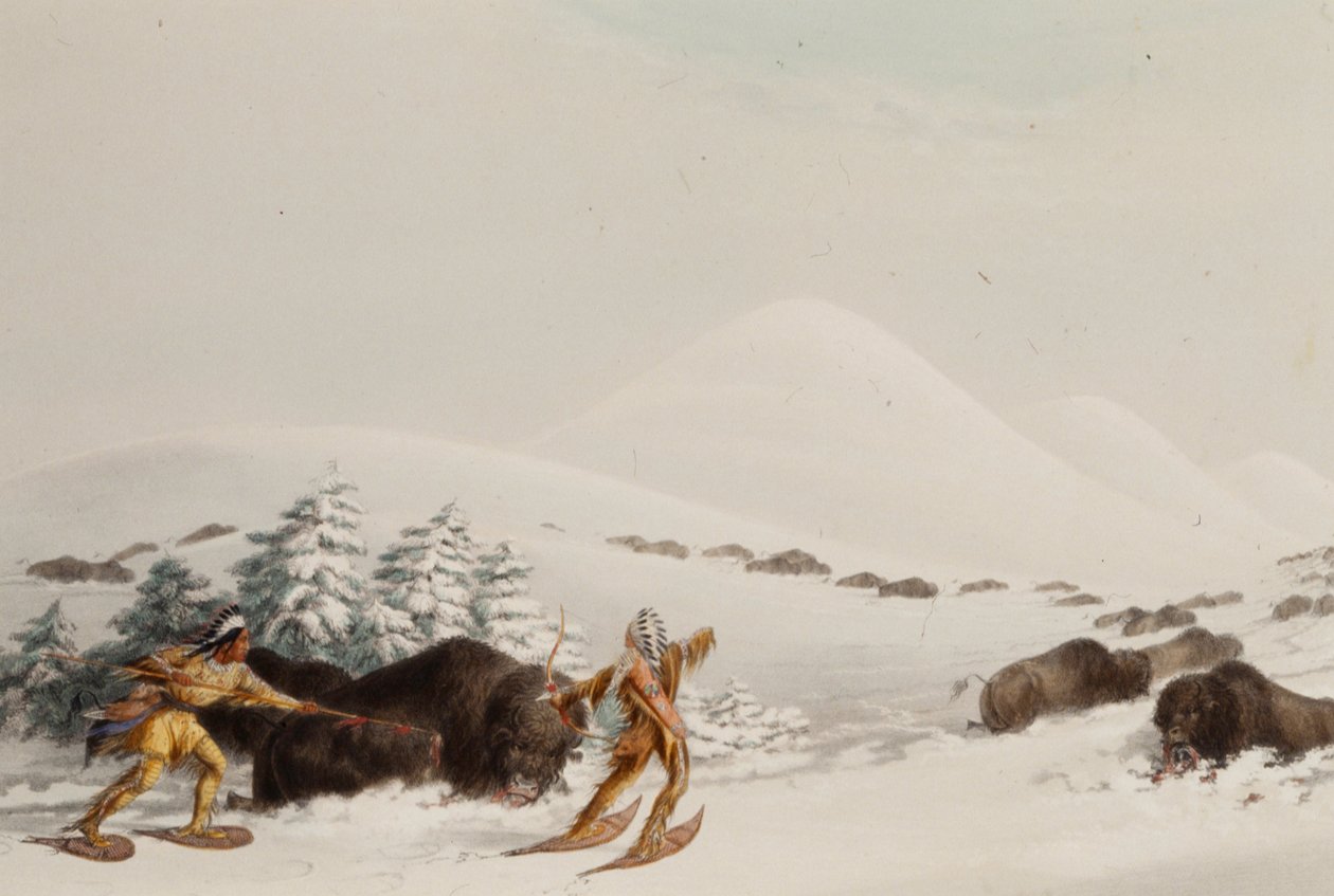 Buffeljacht, op sneeuwschoenen door George Catlin