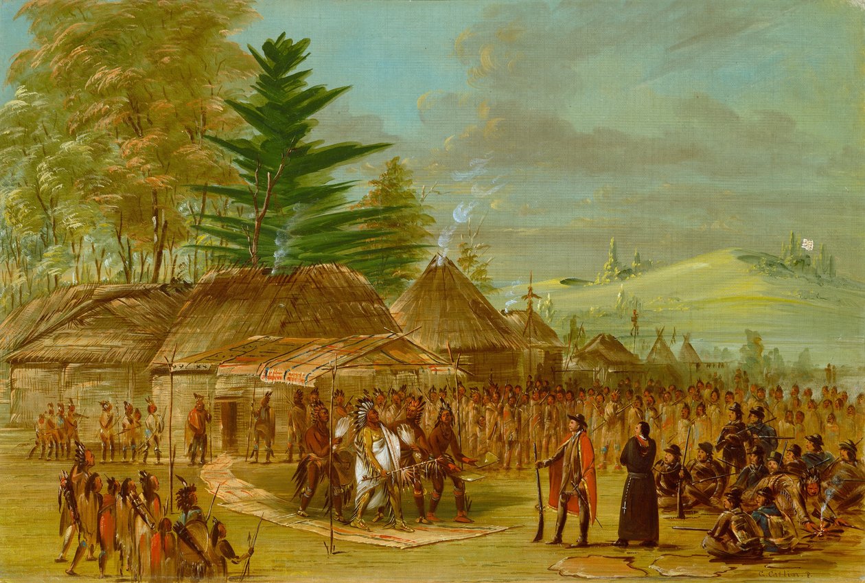 Hoofd van de Taensa Indianen ontvangt La Salle. 20 maart 1682, 1847-1848 door George Catlin