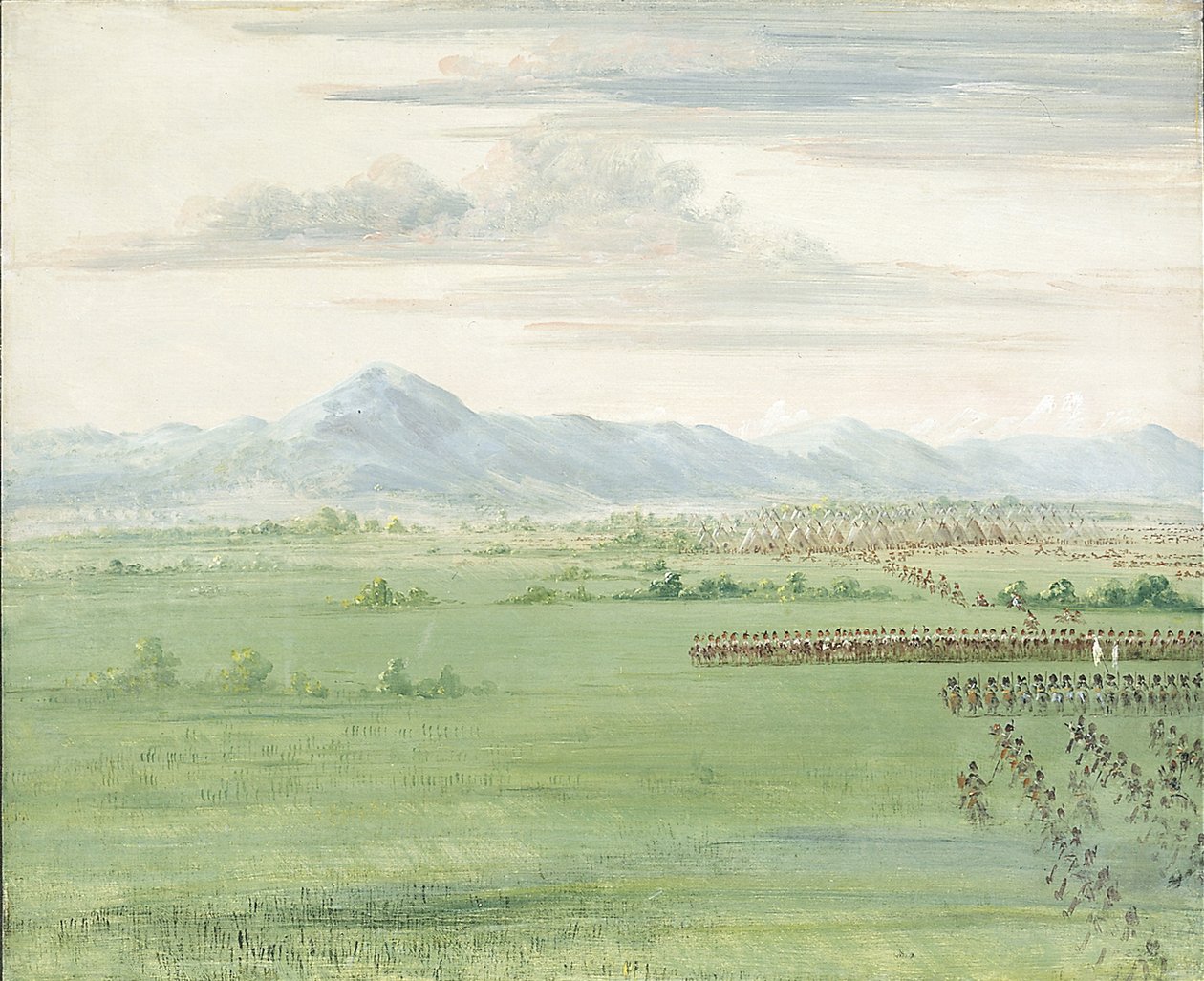 Comanche krijgers, met witte vlag, ontvangen de dragonders door George Catlin