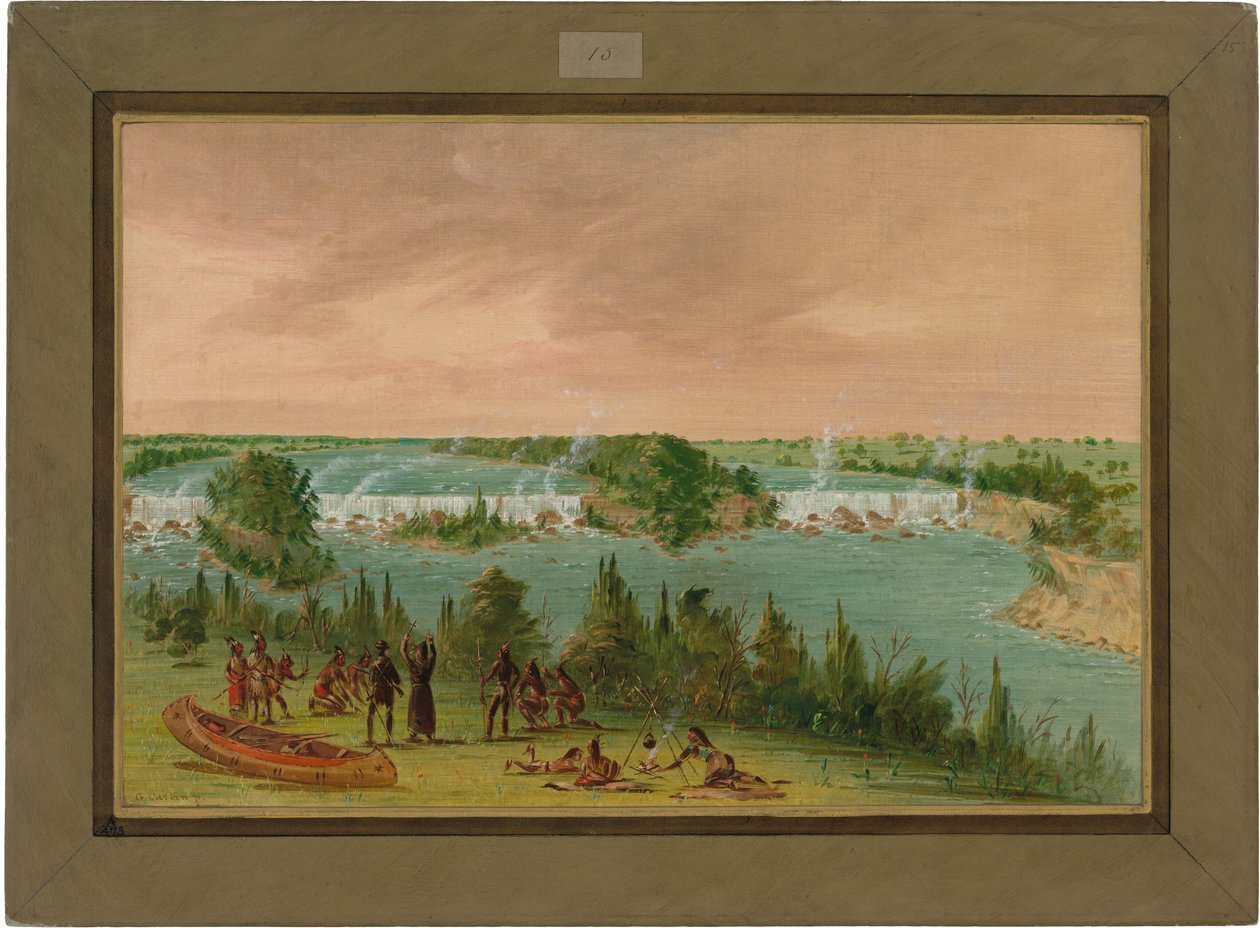Pater Hennepin en gezellen bij de watervallen van St. Anthony. 1 mei 1680 door George Catlin