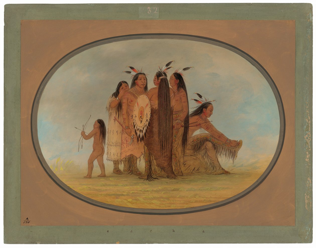 Vier Mandan krijgers, een meisje en een jongen door George Catlin