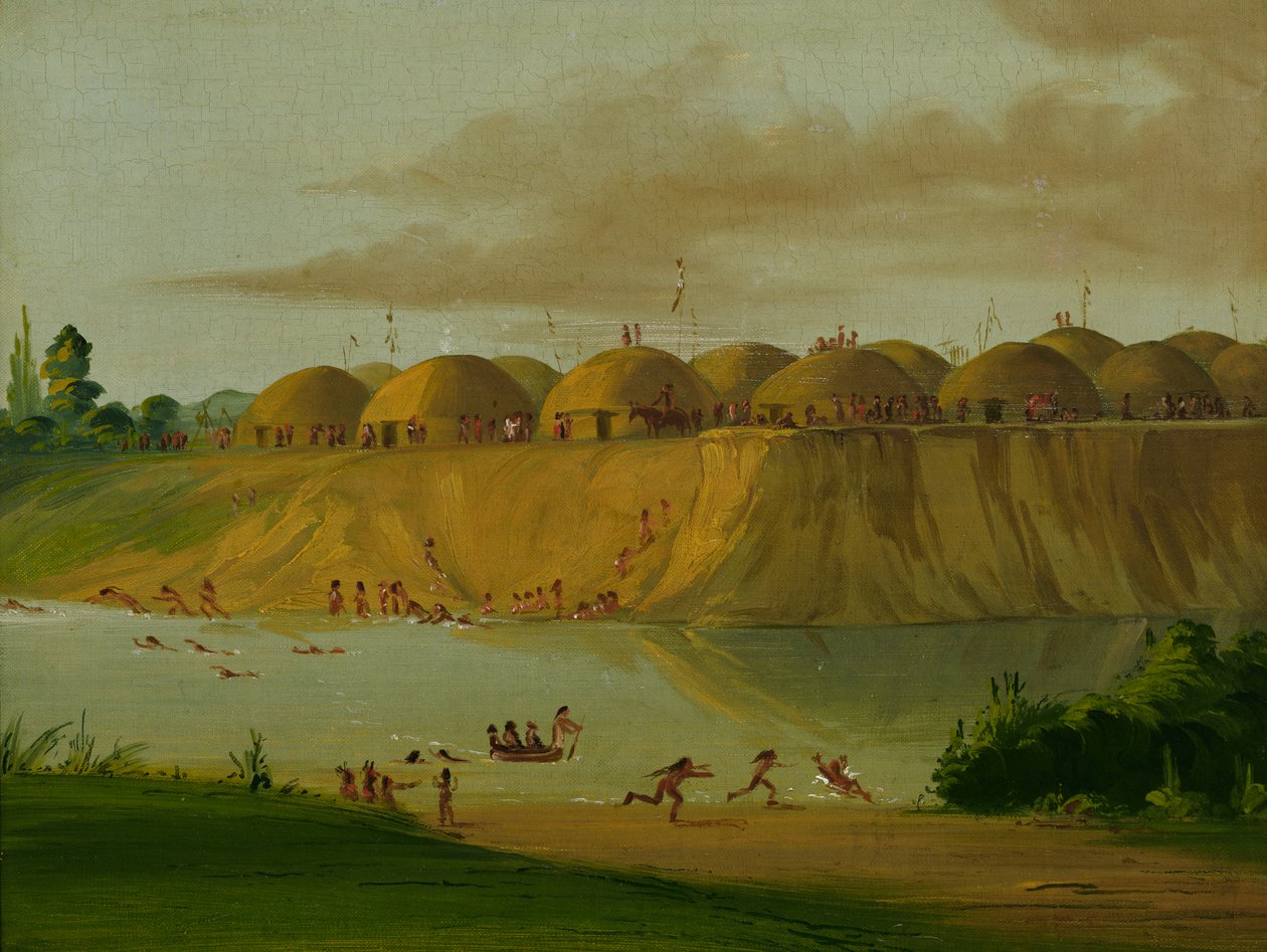 Hidatsa-dorp, met aarde bedekte lodges, aan de Knife River, 1810 mijl boven St. Louis door George Catlin
