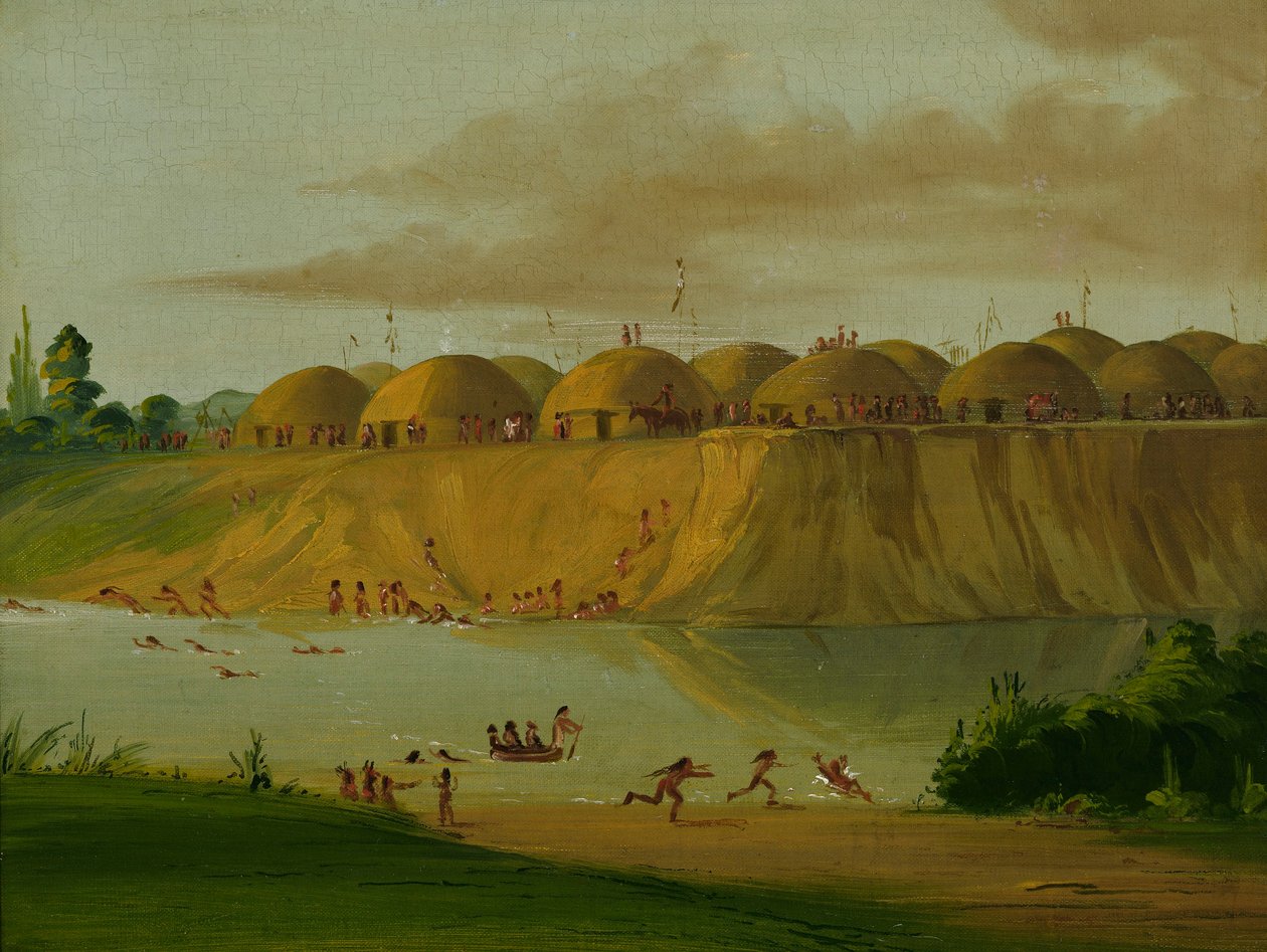 Hidatsa-dorp, met aarde bedekte hutten, aan de Knife River, 1810 mijl boven St. Louis door George Catlin