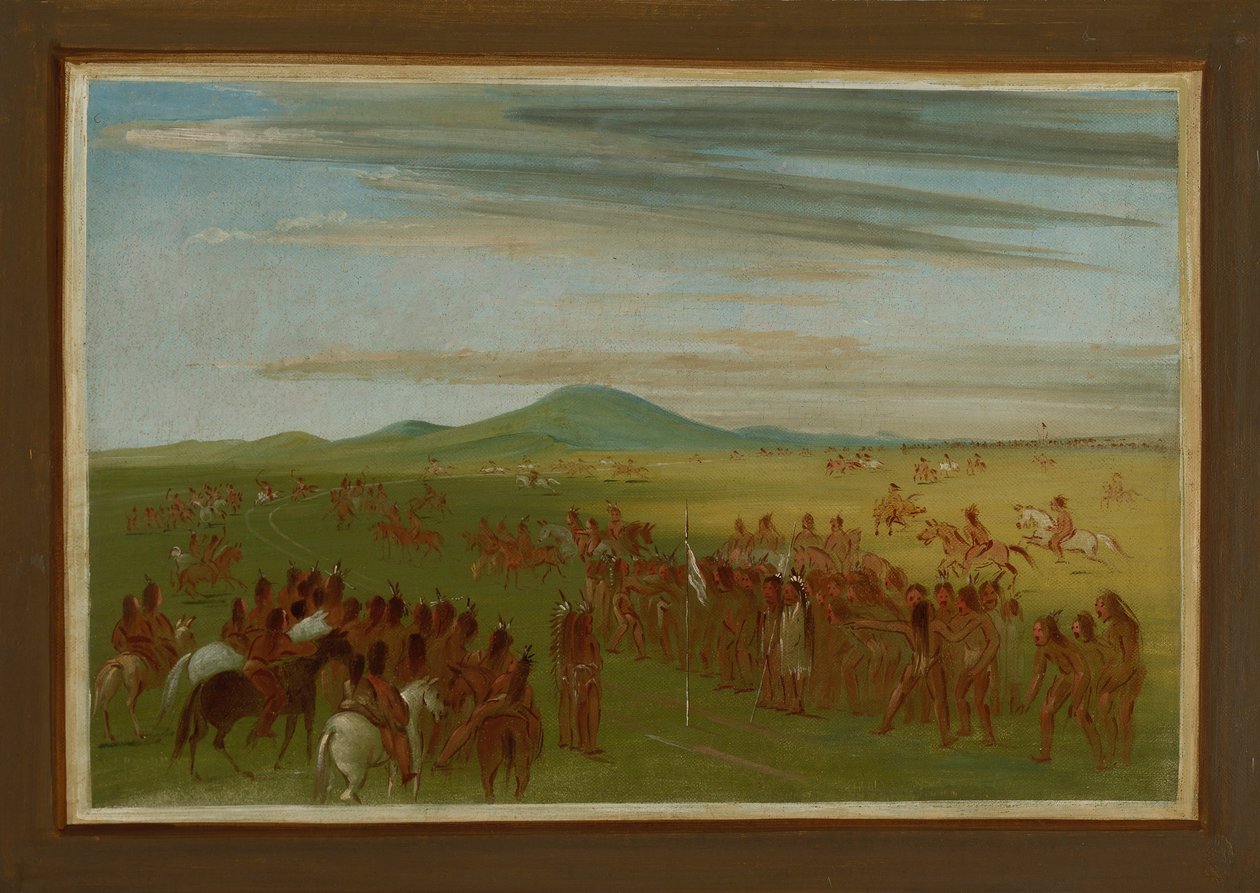 Paardenrennen op een parcours achter het Mandan-dorp door George Catlin