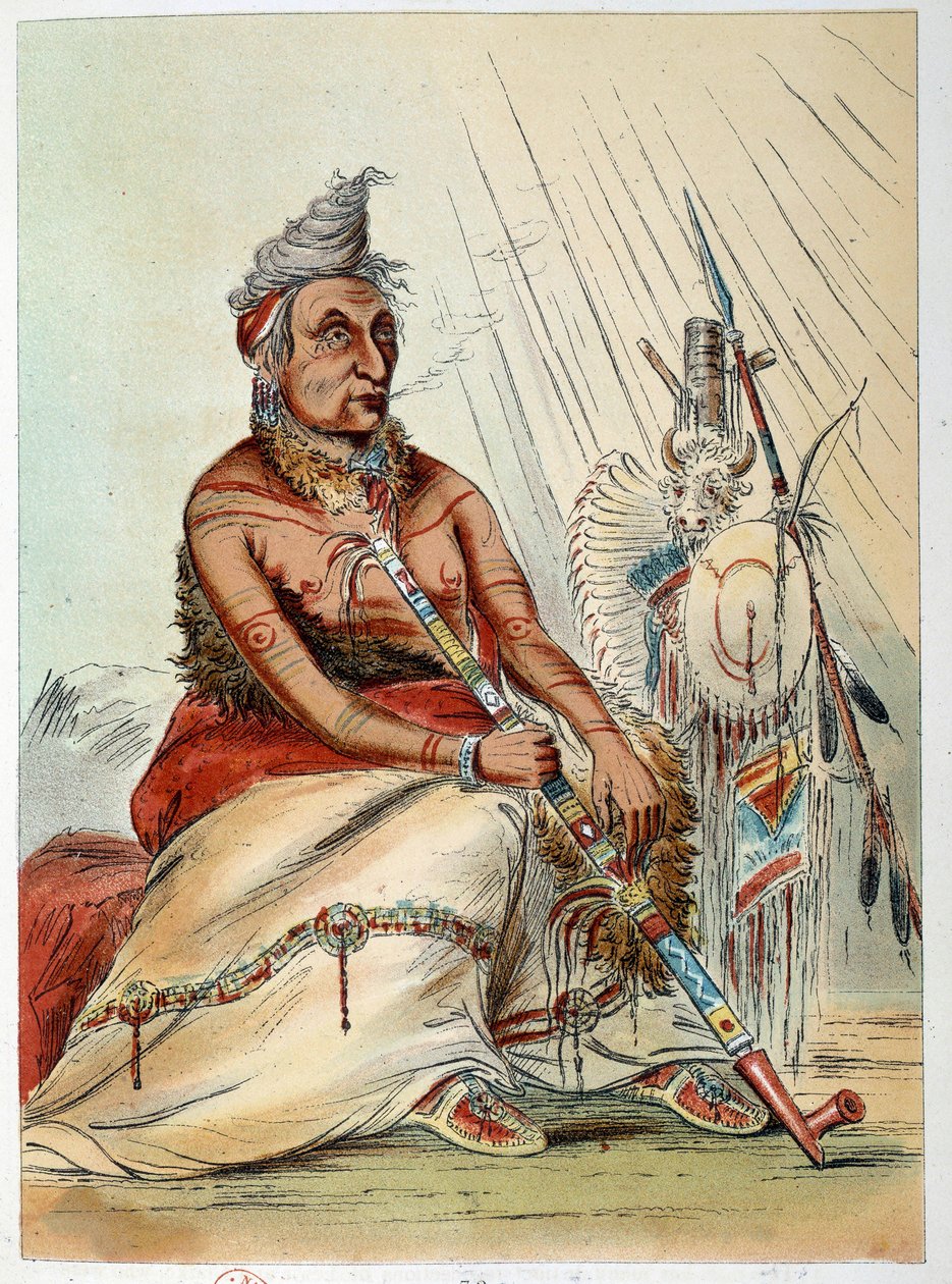 Indianen van Amerika: Portret van een oude Indiaanse chef die zijn pijp rookt, genaamd De Zwarte Mocassin. Illustratie door George Catlin (1794-1872) door George Catlin
