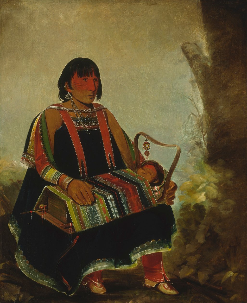 Jú-ah-kís-gaw, Vrouw met haar kind in een wieg door George Catlin