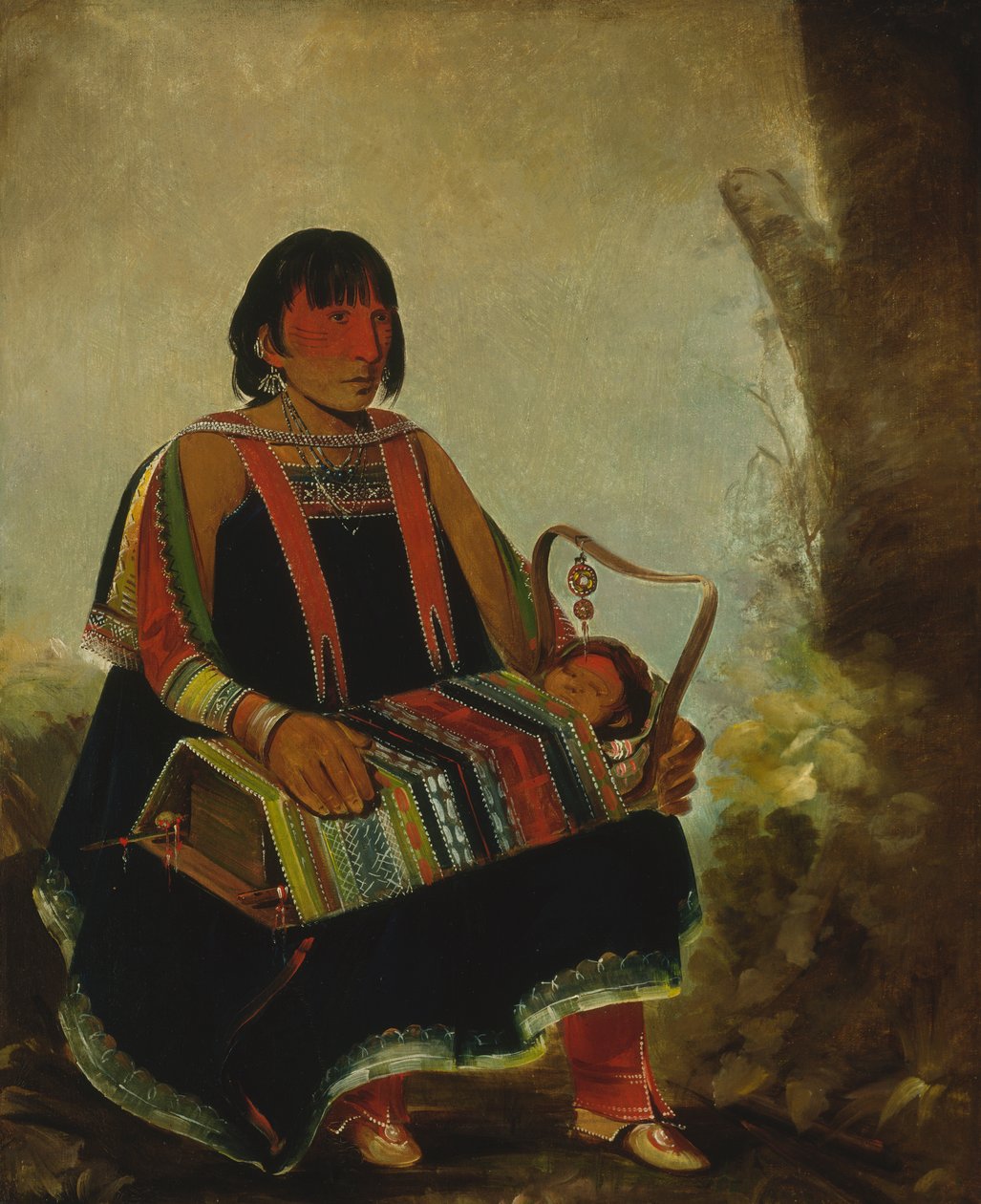 Jú-ah-kís-gaw, vrouw met haar kind in een wieg door George Catlin