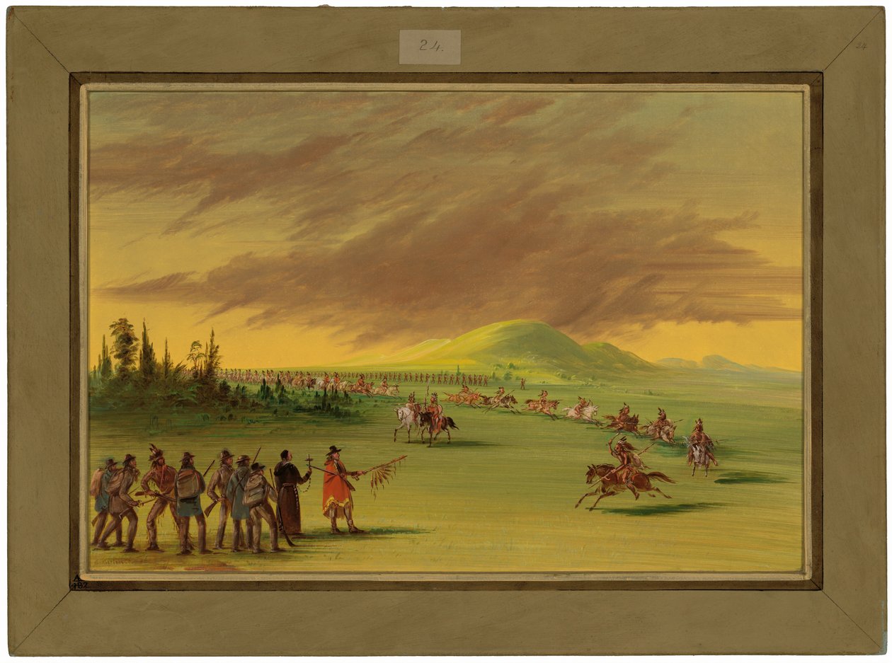 La Salle ontmoet een oorlogsgroep van Cenis-indianen op een prairie in Texas.  25 april 1686 door George Catlin