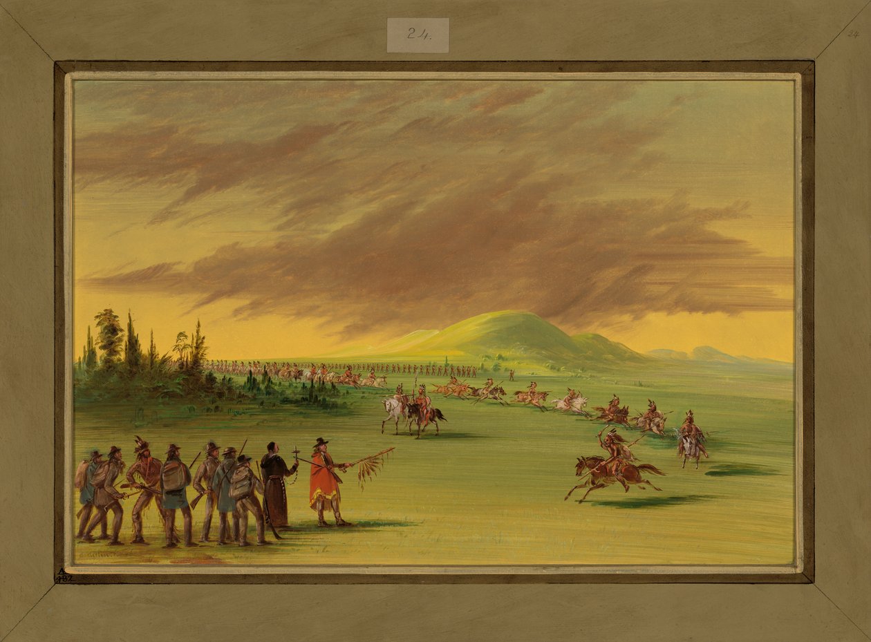 La Salle ontmoet een oorlogspartij van Cenis-indianen op een Texaanse prairie, 25 april 1686 door George Catlin
