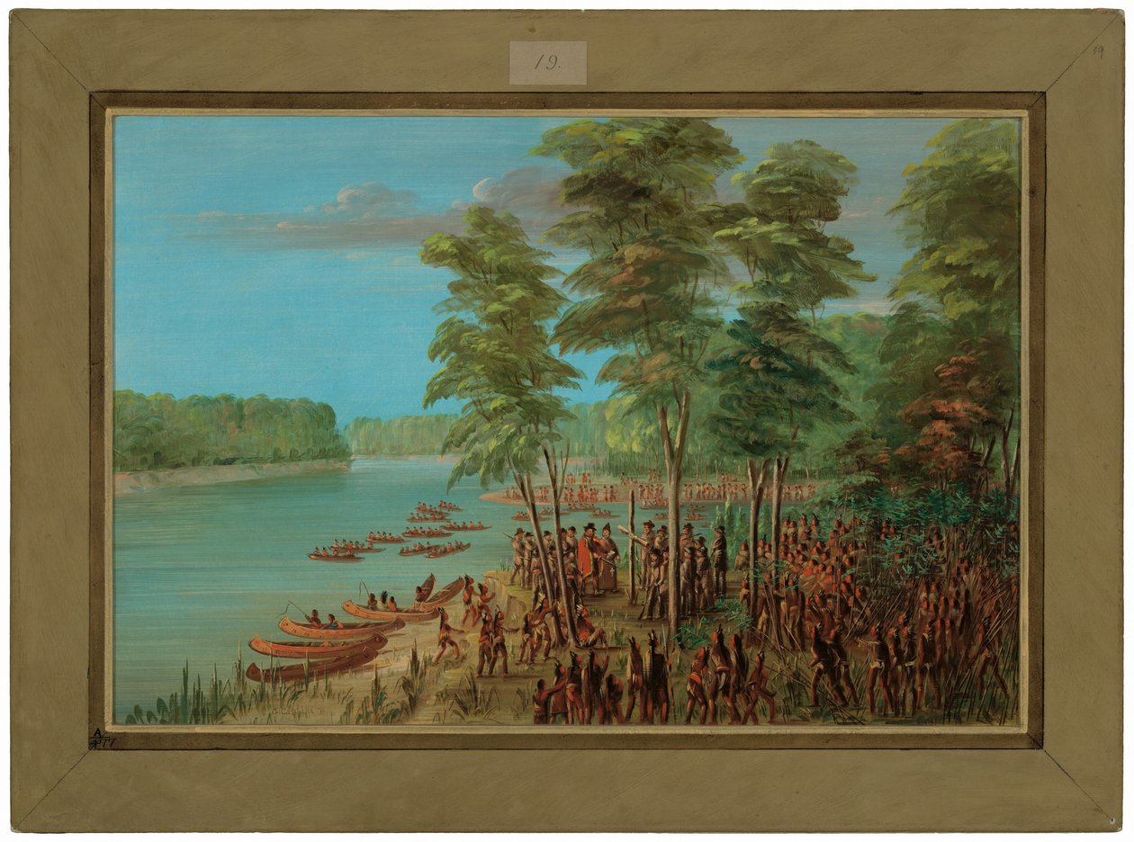 La Salle neemt het gebied aan de monding van de Arkansas in bezit.  10 maart 1682 door George Catlin
