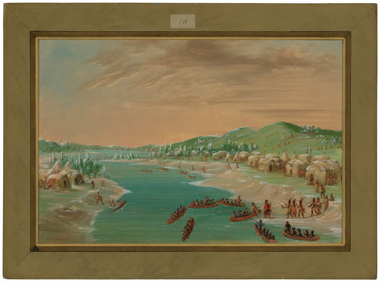 La Salle en zijn gezelschap komen aan in het dorp van de Illinois.  1 januari 1680 door George Catlin