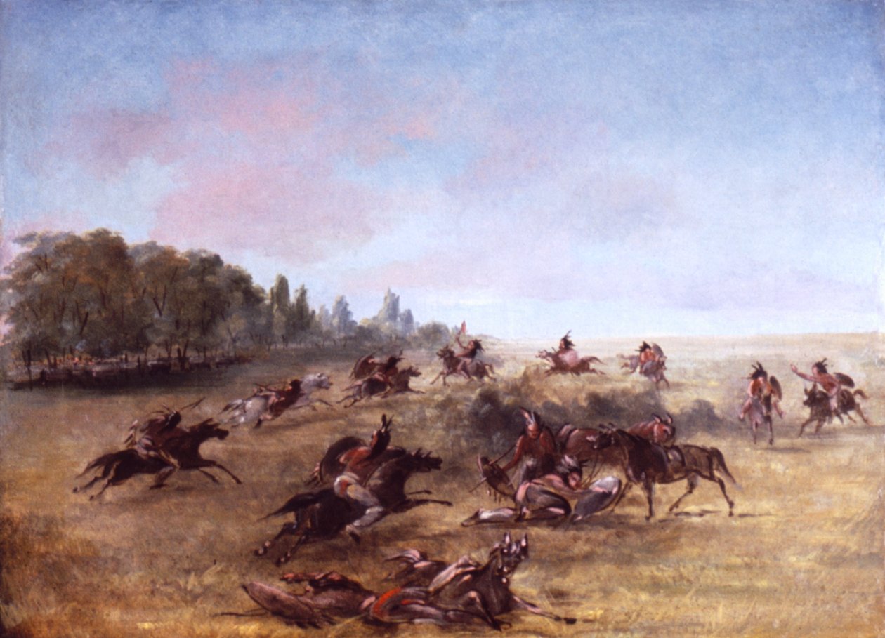 Gemonteerde oorlogspartij die een struikgewas doorzoekt door George Catlin