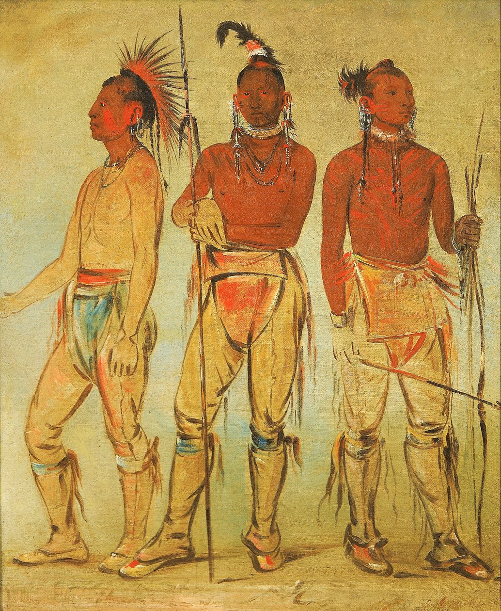 Mun-ne-pús-kee, Hij die niet bang is; Ko-ha-túnk-a, Grote Kraai; en Nah-cóm-ee-shee, Man van het Bed, Drie jonge krijgers door George Catlin