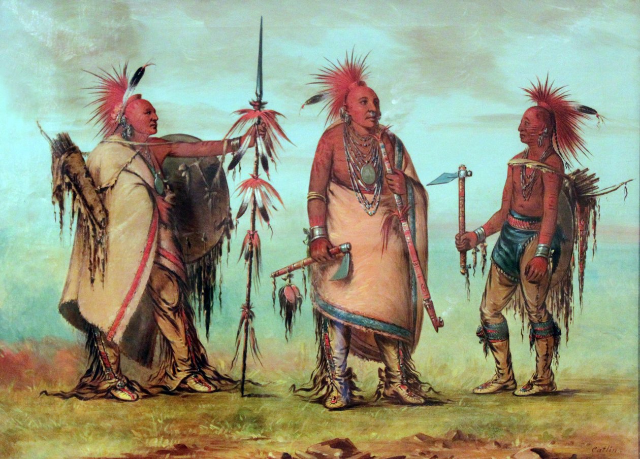 Osage: Tal-lee, Black Dog en Big Crow dragen kakkerlakken gemaakt van rood geverfd hertenhaar door George Catlin