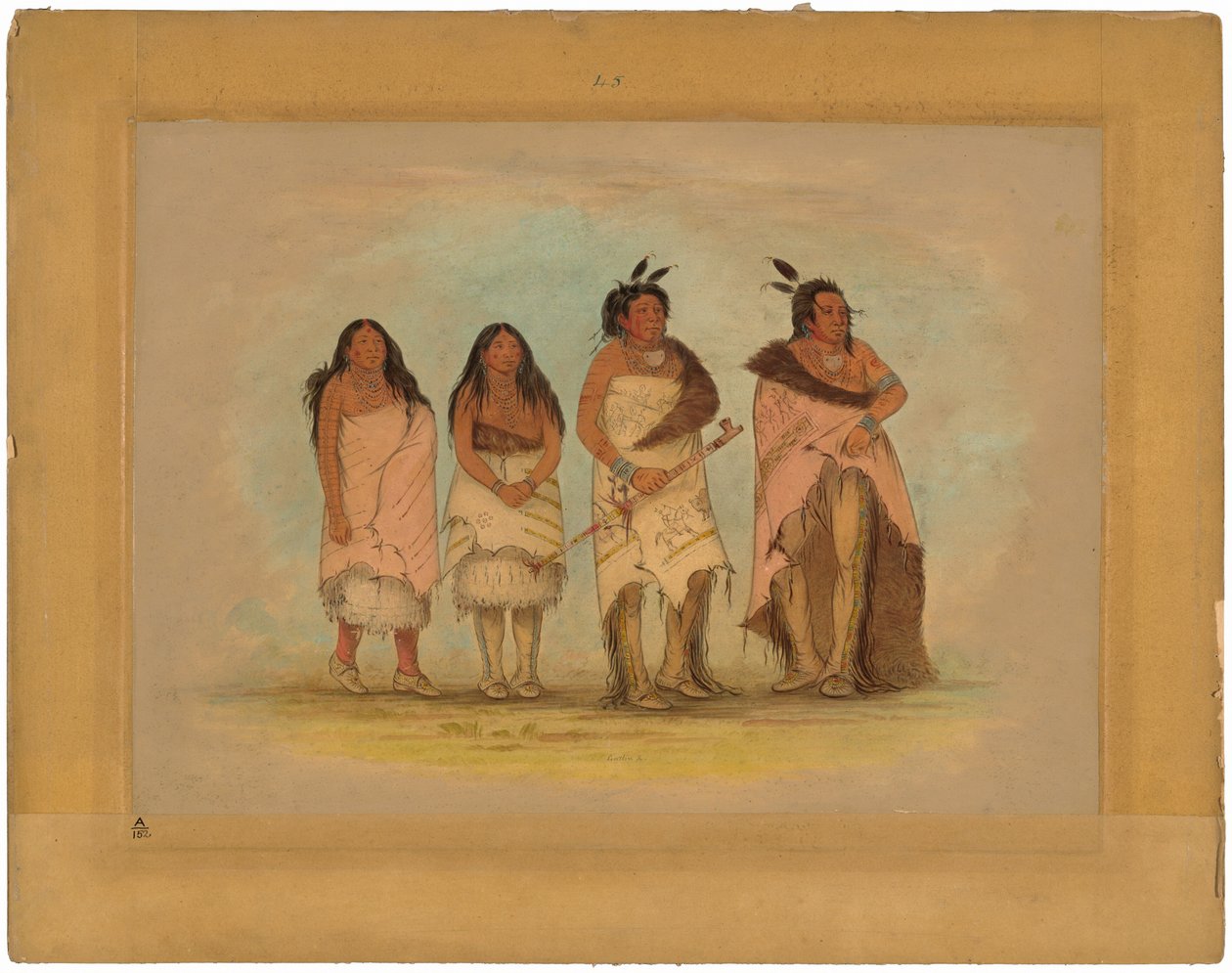 Pawneepict hoofd, twee dochters en een krijger door George Catlin